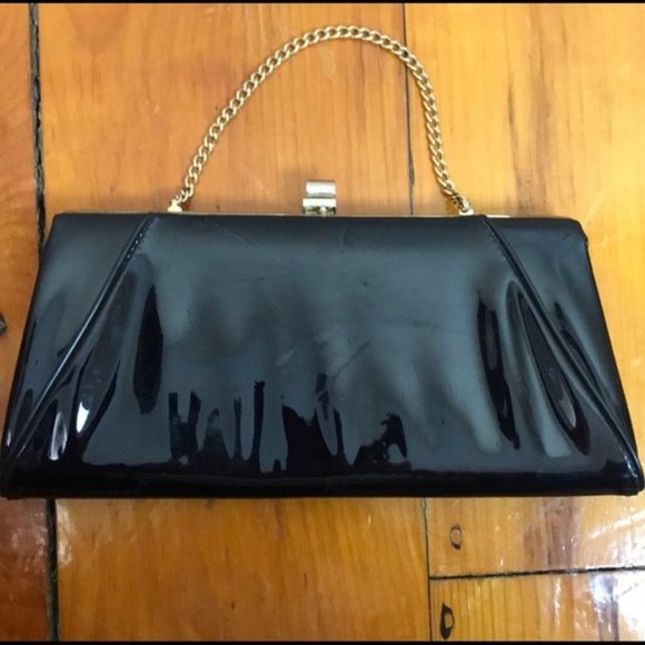 Vintage Handbags - Vintage 80s/90s Black Gold Formal Evening Clutch